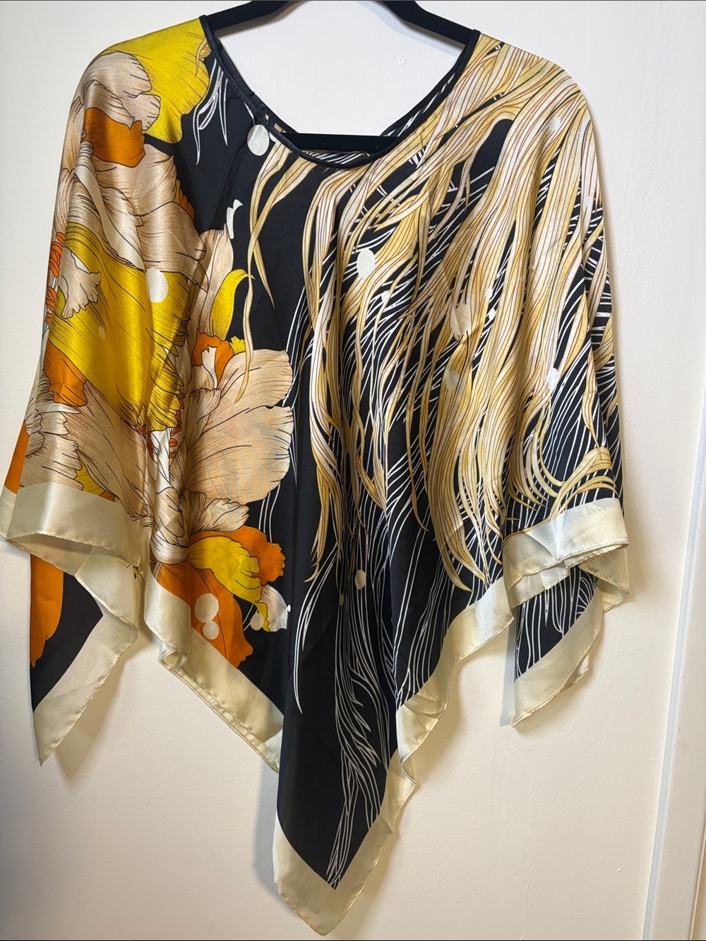 Silk-Feel Floral & Koi Print Wrap Scarf - Yellow, Black, Cream - Picture 3 of 6